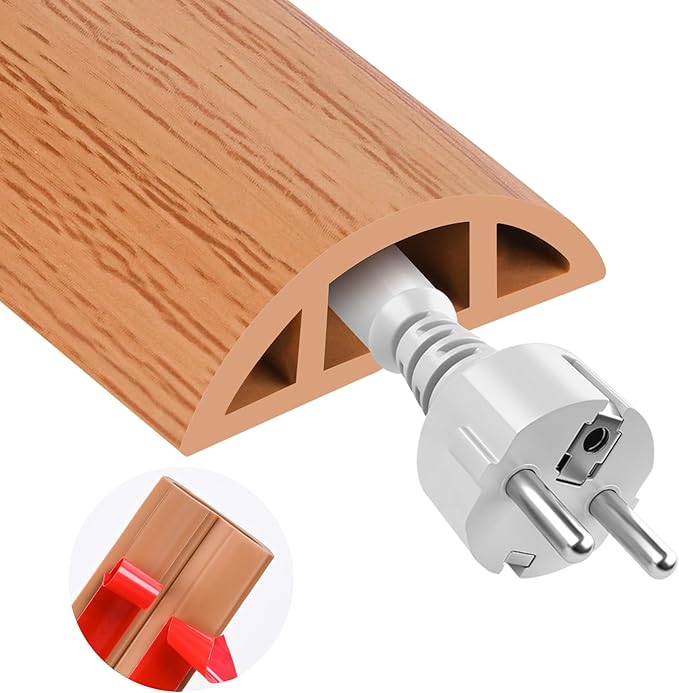 MYFAMIREA 20FT Floor Cord Cover for Wire Self Adhesive Cable Cavity Management PVC Extension Cord Hider Power Floor Wire Protector Cover Prevent Cable Trip for Office Home Outdoor (Brown Wood, 1.18'')