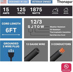 6 Foot Outdoor Extension Cord - 12/3 Heavy Duty Black Extension Cable with 3 Prong Grounded Plug for Safety - Great for Garden, Tools and Major Appliances