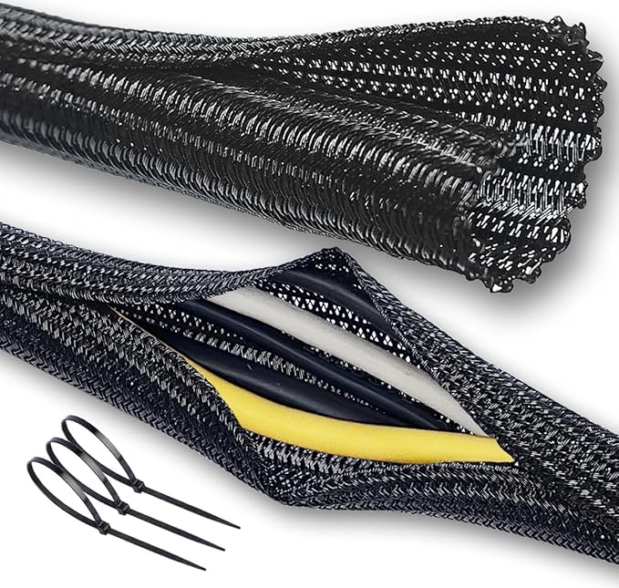 Cable Management Split Wire Loom Sleeve - Cord Hider & Protector for Desk, Pet Chew Proof, Wire Cover Organizer, Flexible Tube for Wires and Cables (1/2 Inch 12FT, Black)