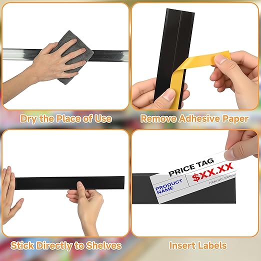 50 Pcs Shelf Label Strips, Self Adhesive Shelf Label Holder, 1.5''H x 48''L with 50 White Labels Sheets Price Tag Holder Clear Plastic Shelves Clip for Supermarket Gondola Shelving