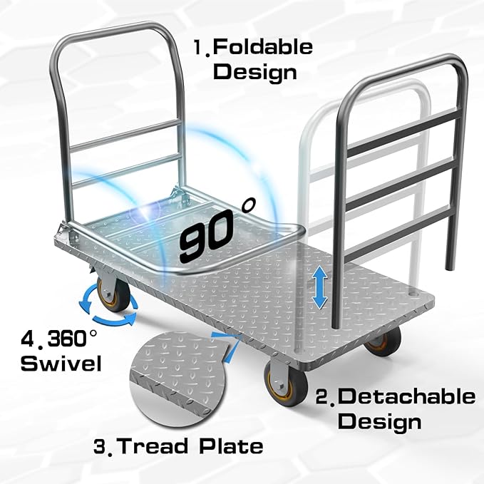 Platform Truck Cart with Detachable Baffle Guardrail,Heavy Duty 48x24 Inch Flatbed Cart with 2000 LBS Weight Capacity and 6In Swivel Caster Transporting Heavy Loads and Barrel with Ease & Efficiency
