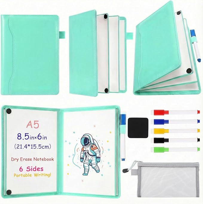 Feifeiya 6 Sides Whiteboard Notebook Portable Whiteboard Dry Erase Notebook Portable Dry Erase Board Double Sided Folding Whiteboards White Board for Office Study Meeting(Mint Green,A5: 6"×9”)