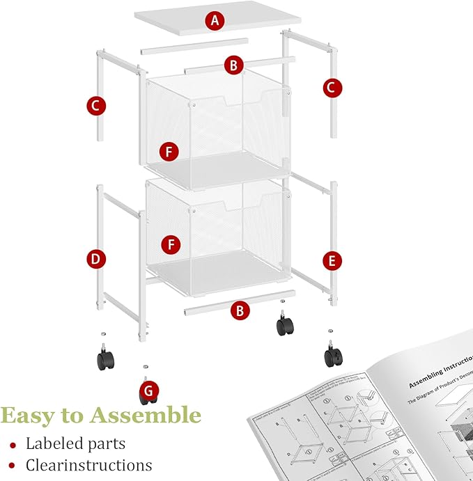 Rolling File Cart with 2 Storage Drawers,Under Desk Storage Cart,Hanging File Folder Organizer with Wheels, Filing Cabinet Mobile Printer Stand Utility Craft Cart for Home Office,White