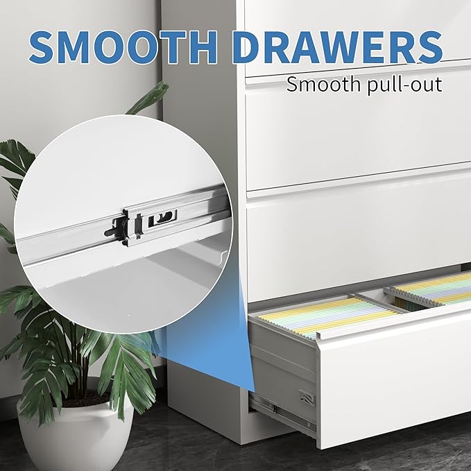 File Cabinets 4 Drawer,Metal Office Storage Filing Cabinet with Lock,White Lateral Filing Cabinet for Home Office,Horizontal Locking File Cabinet for Legal/Letter/A4,Assembly Require,White