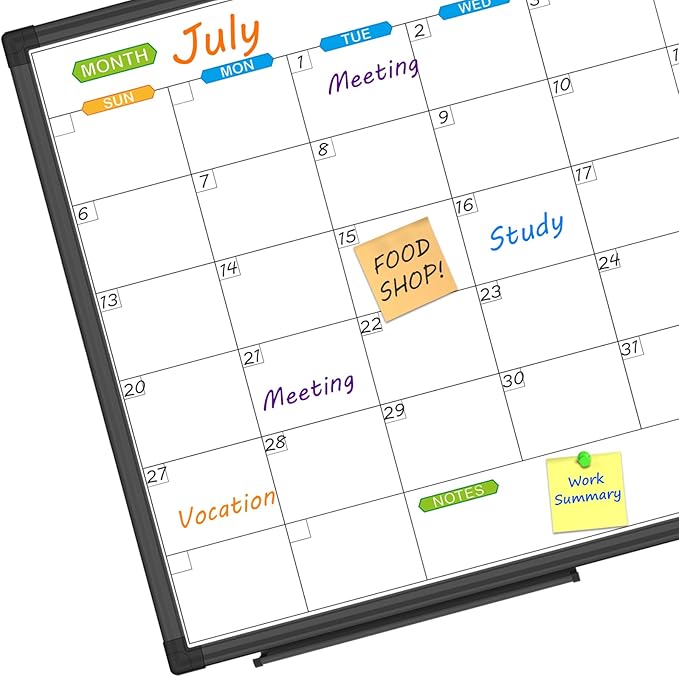 JILoffice Magnetic Dry Erase Calendar Whiteboard, 1 Month White Board Calendar Planner 24 X 18 Inch, Black Aluminum Frame Wall Mounted Board for Office Home and School