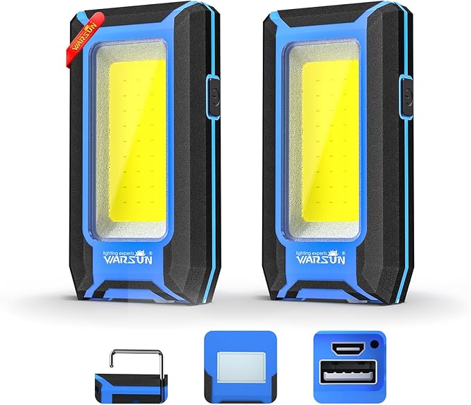WARSUN 2PC LED Work Light Rechargeable, Magnetic COB Portable Worklights, 40w 1500 Lumens,Metal Hanging Hook 3 Lighting Modes, Job Site Lighting for Car Repairing,Camping,Hunting, Blue