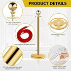 Stainless Steel Stanchion Post Queue 5 ft Red Velvet Rope Red Carpet Ropes and Poles Crowd Control Barriers Sand Injection Hollow Base and Velvet Ropes Set for Party Supplies (4 Pieces, Gold)