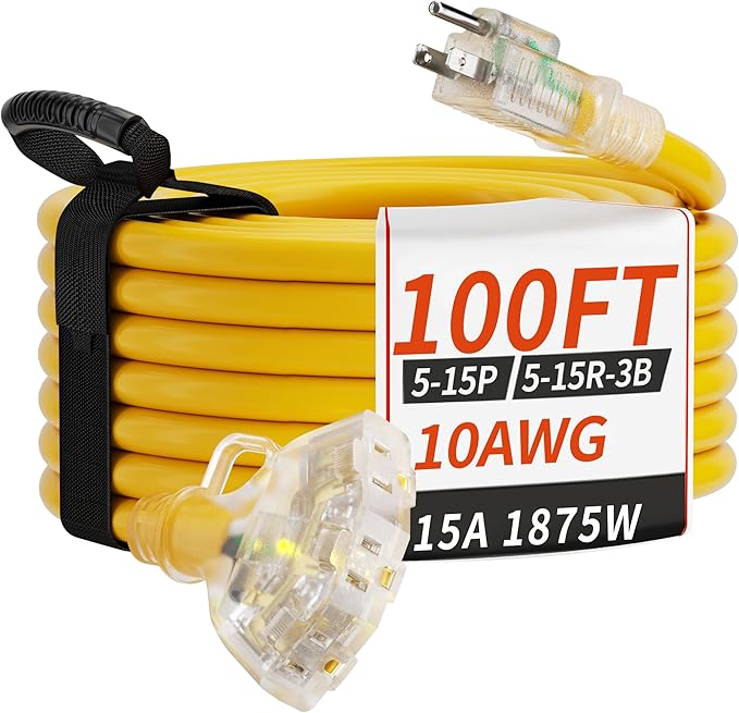 100 FT 10 Gauge Outdoor Extension Cord with Multiple Outlets Light Indicator, Flexible 3 Outlet Weatherproof Heavy Duty Extension Cord Waterproof Yellow, 15A 1875W 10AWG SJTW, ETL Listed