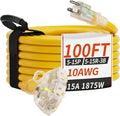 100 FT 10 Gauge Outdoor Extension Cord with Multiple Outlets Light Indicator, Flexible 3 Outlet Weatherproof Heavy Duty Extension Cord Waterproof Yellow, 15A 1875W 10AWG SJTW, ETL Listed