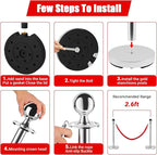 4Pcs Stanchions and Cords Silver Stainless Steel Crowd Control Barriers with 2 Red 4.92Ft Satin Cords Fillable Sand Base No-Tool Assembly for Wedding Party Museum Hotel Exhibition