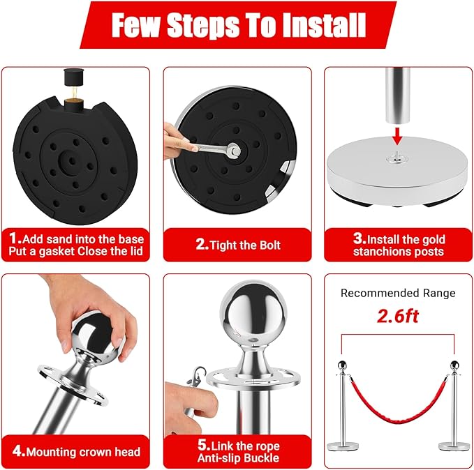 4Pcs Stanchions and Cords Silver Stainless Steel Crowd Control Barriers with 2 Red 4.92Ft Satin Cords Fillable Sand Base No-Tool Assembly for Wedding Party Museum Hotel Exhibition