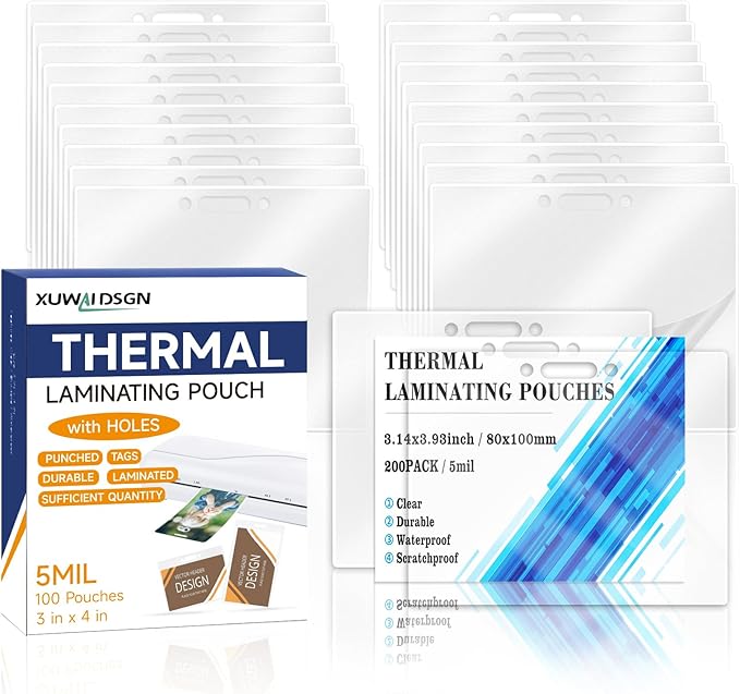 200 Pack 5mil 3.14''*3.93" Thermal Laminating Pouches Badge Laminate Pouches Clear Laminated Luggage Tags Printable Laminator Pouches for Business Permits Cards (200, 2.94"x4.13"-5mil-with Holes)