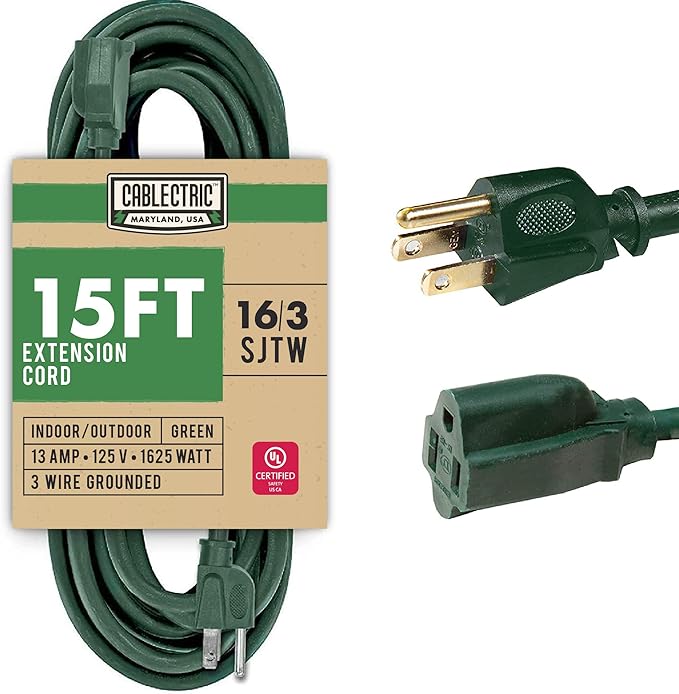 Outdoor Extension Cord 15 Ft with 3 Prong, 16/3 SJTW Weatherproof Green Extension Cord 15 Foot, 13 Amp Outside Power Cord for Christmas Outdoor Decorations & Yard