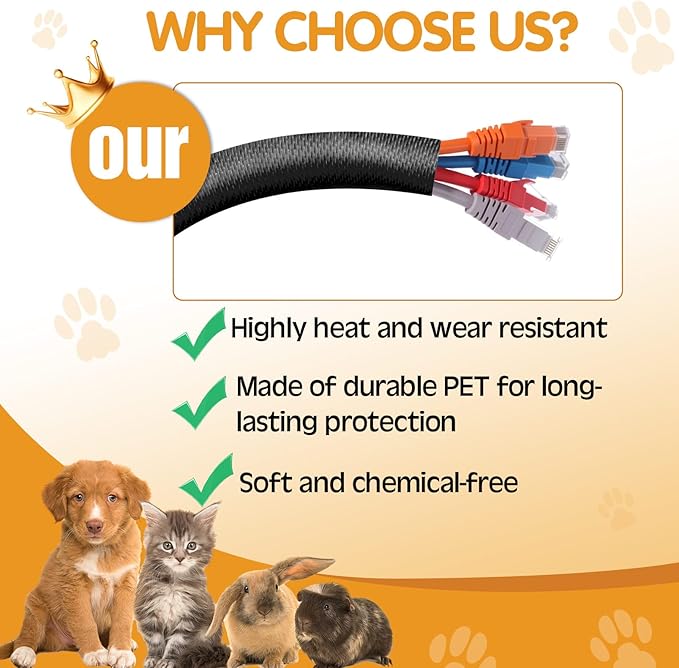 Poen 3 Pack 30ft Cord Protectors from Pets No Chew, 1/2 Inch Ultra Durable Cord Covers for Pets, Durable Electrical Cable Management Sleeve for Rabbits, Dogs, Cats and Other Animals(Black)