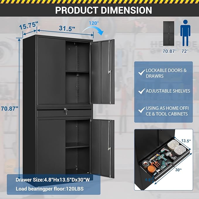 71" Metal Cabinet-Black Heavy Duty Storage File Cabinet Steel Tool Cabinets with Shelves, Lockable Doors and Drawers- for Garage, Pantry, Warehouse - Assembly Required