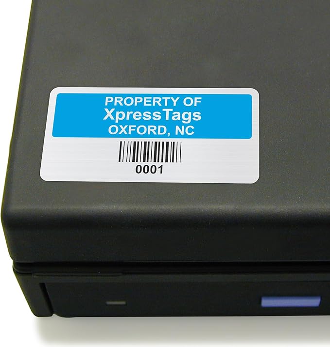 XpressTags 1" x 2" Custom Asset Labels with Barcode & Serial Number, Fixed Inventory Asset Tags, Brushed Metalized Silver Polyester Stickers - Pack Sizes 100 to 5000, Made in USA