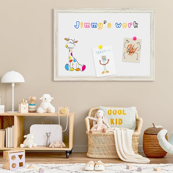 4 THOUGHT Dry Erase Board, 18 x 24 in Magnetic Whiteboard White Vintage Wood Frame Wall-Mounted White Board Decorative Notice Board for School, Office, Home, 8 Magnets 4 Markers 1 Eraser