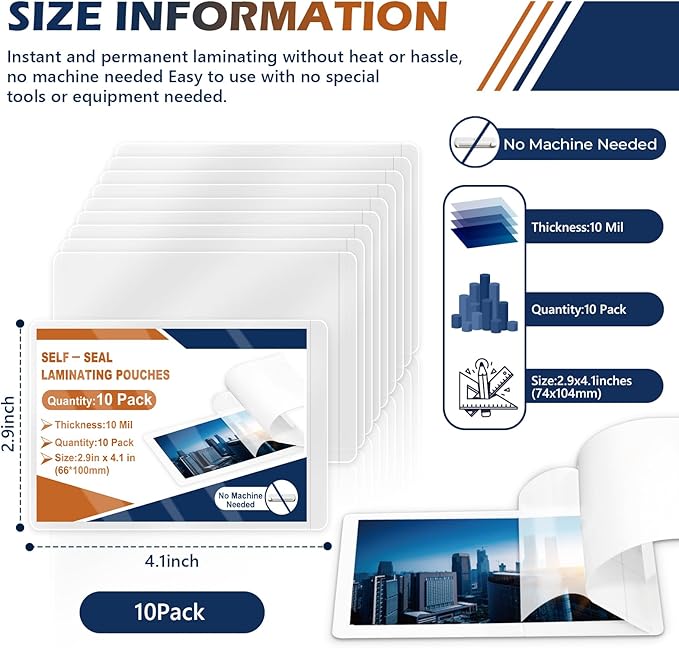 10 Pack 10 Mil 2.9"x4.1" Self Sealing Laminating Pouches Plastic Laminating Sheets Business Card Size Clear Lamination Paper for Office School Home Supplies（Waterproof & No Laminator Need)