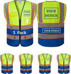 Custom Safety Vest Customized Logo Mesh Vest Class 2 High Visibility Reflective Vest with Pockets Blue workwear（Yellow Blue，S ）