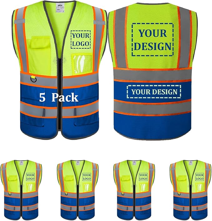 Custom Mesh Safety Vest 5 Pack Customized Logo Class 2 High Visibility Reflective Vest with Pockets Construction workwear（Yellow Blue，L）