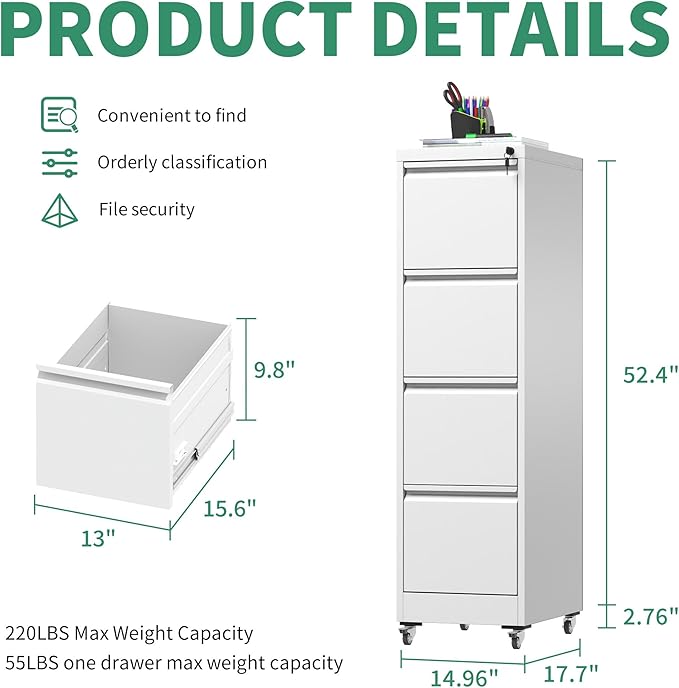 4 Drawer Mobile File Cabinet, Under Desk File Cabinet,Metal Filing Cabinets with Lock for Home Office Organizer Letter/Legal/A4,Require Assembly (White)