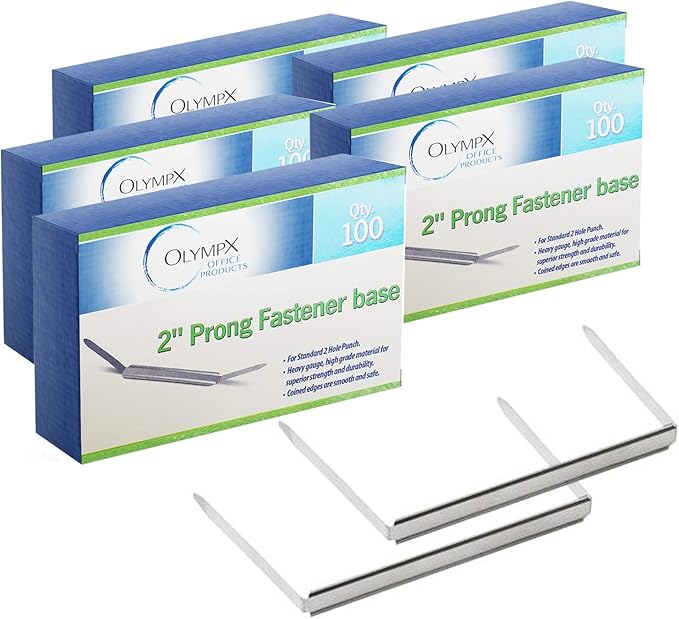 OLYMPX 500 Pcs of 2" Capacity Premium Metal Prong Paper Fastener Bases, 2.75 Inch Base for Paper File Clip Folder Accessories, Pack of 5 Boxes, 100 Bases per Box