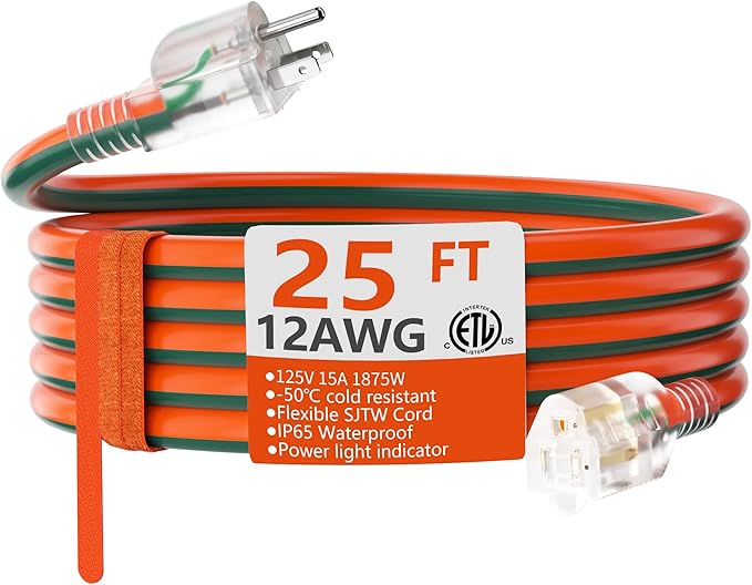 HUANCHAIN 12 Gauge 25 ft Outdoor Extension Cord with Lighted End, Heavy Duty Flexible Cold-Resistant 3 Prong Electric Cord Waterproof Outside, 15Amp 1875W 12AWG SJTW, Orange Green, ETL
