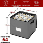 inin Christmas Ornament Storage Box with Adjustable Dividers,Christmas Ornaments Organizer with Zippered Top,Storage Container Bin for Holiday Decorations(64 Ball, Gray, with Tray)