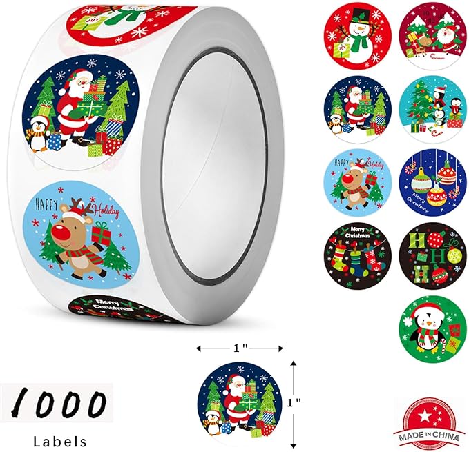 SHYGO® 1“ Christmas Envelope Seal Stickers Embossed Foil, Merry Christmas Stickers for Envelope Sealing, for Cards Making Invitation Gift Packaging Crafts Xmas Party Favor Decor, 1000 Pcs 2 Rolls