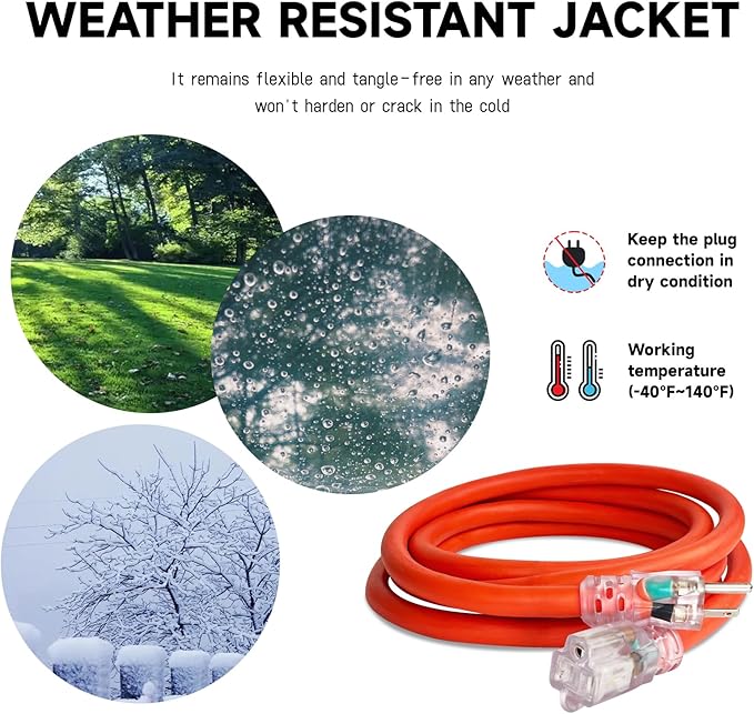 EP 25 Ft Lighted Outdoor Extension Cord - 10/3 SJTW Heavy Duty Orange Extension Cable with 3 Prong Grounded Plug for Safety, UL Listed
