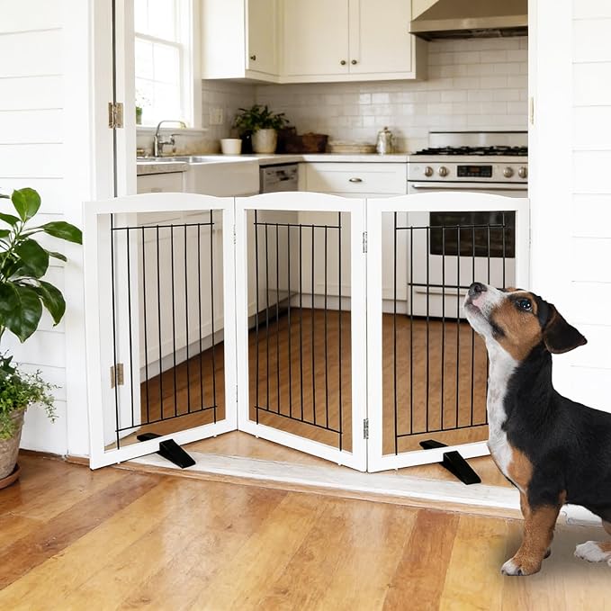 Dog Fence Indoor - 3-Panel Freestanding Dog Gate for Doorways, Hallways, House or Stairs -60x32-Inch Retractable Foldable Expandable Wood Pet by SFJC (White)