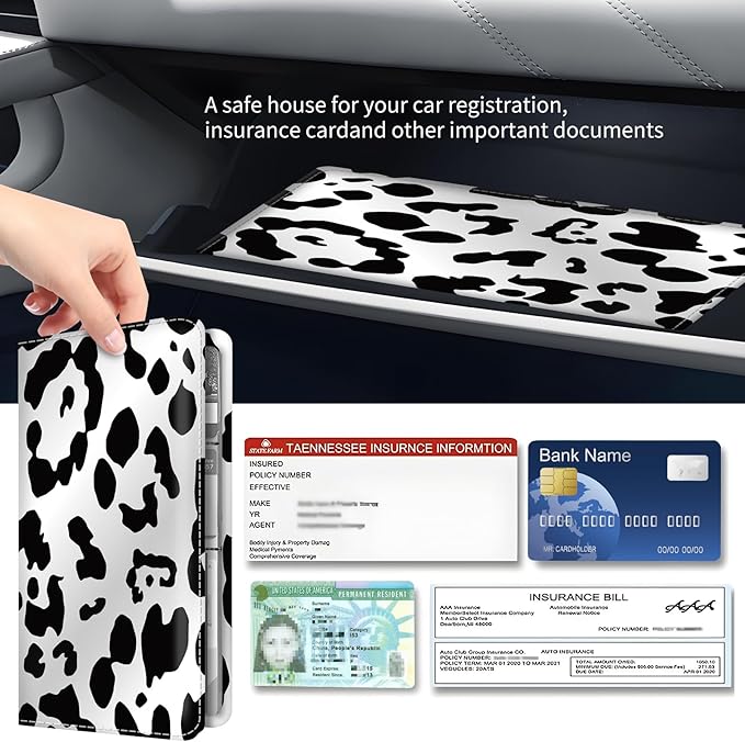 Premium Car Registration and Insurance Card Holder, Cute PU Leather Car Document Holder, Vehicle Glove Box Car Organizer with Magnetic Closure for Driver License, Cards Black White Cow Print