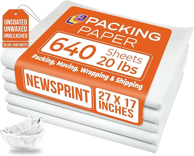 White Bulk Packing Paper Sheets for Moving | 640 sheets | 27" x 17" | 20 lb | Twin Pack | | Newsprint Wrapping Paper Sheets - Must Have in Your Moving Supplies, Packing Materials, Moving Paper Wrap
