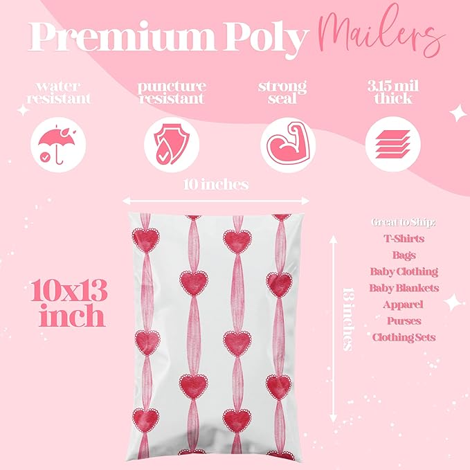 10x13 Designer Poly Mailer 100 Pack Heavy Duty Waterproof Self Seal Shipping Bags for Small Business Large Mailing Envelopes Bulk Tear Resistant Packaging Red Valentine Heart