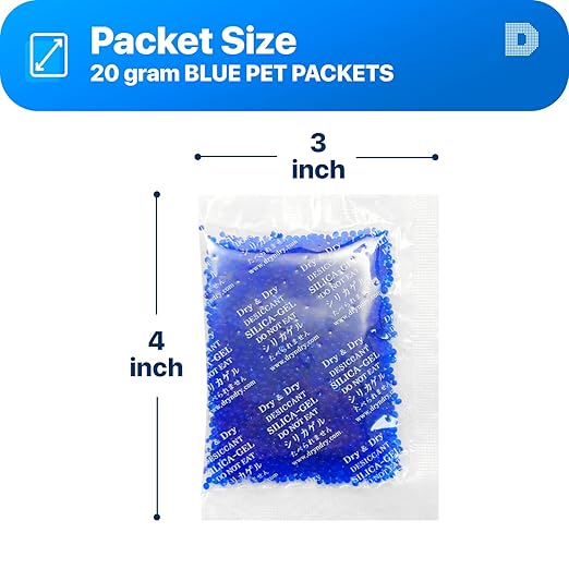 Dry & Dry 20 Gram [14 Packets] Blue Indicating(Blue to Pink) Silica Gel Packets Desiccant Silica Gel Packets - Rechargeable Silica Packets, Silica Gel, Silica Gel Packs