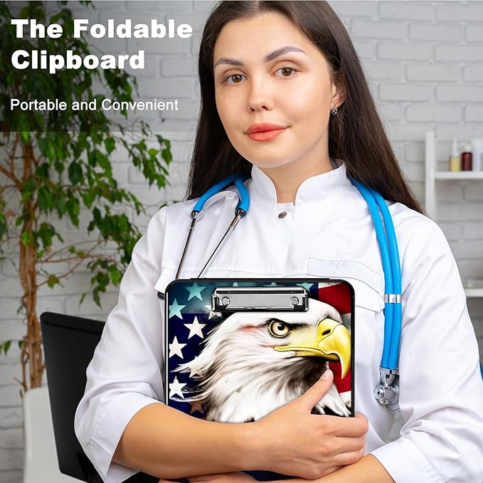 Clipboard with Storage,Plastic Storage Clipboard with Low Profile Clip, Heavy Duty Nursing Clipboards Foldable,Coaches Clipboard Case for Work, Teacher,Office School Supplies,American Flag Owl
