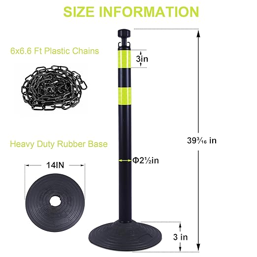 OrangeStar 6 Packs Traffic Delineator Post Cones, 40" Safety Barrier with 6.6 Ft Link Plastic Chains, Crowd Control Stanchion Sets w/Rubber Base for Parking Lot, Road Work, Queue Management, Black