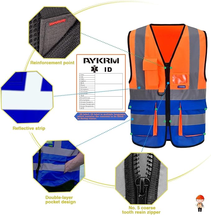A-SAFETY Safety Vest High Visibility Working Vest with Dual Tone High Reflective Strips Orange&Blue Color Mixed Medium