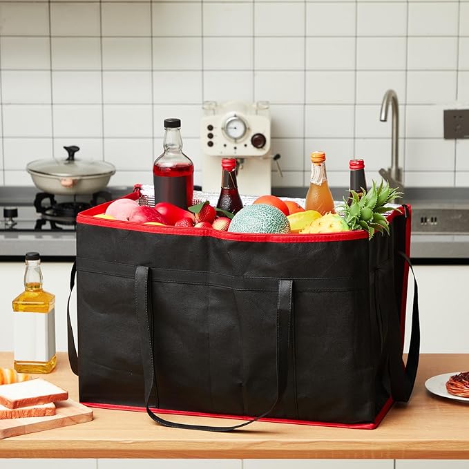 Maxcheck 2 Pcs Insulated Bags for Food Delivery XXXL Large Capacity Hot Grocery Tote Bag Reusable Warming Pizza Catering Carrier for Commercial Travel Lunch Shopping Gifts (Red Edge)