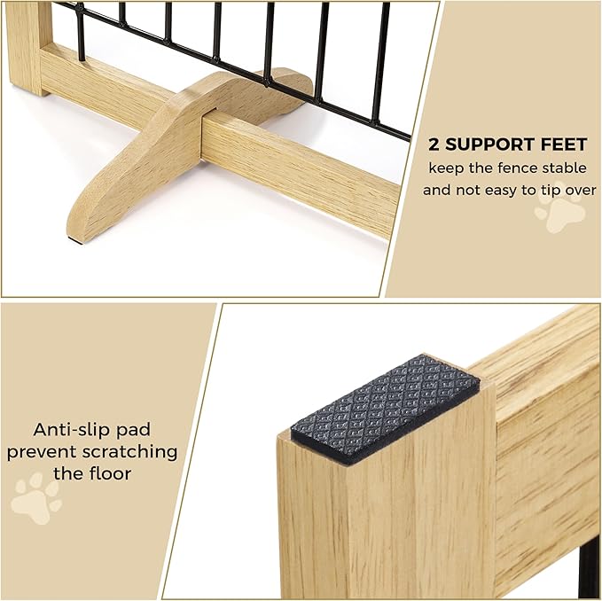 Wire Dog Gate Solid Wood Frame, Anti-Chewing, 4-Panel, 24" Height, 80" Width, Indoor Freestanding Pet Gate Foldable Wooden Dog Fences for Stairs, House, Doorway, Oak Color