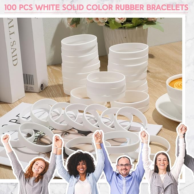 Liliful 100 Pcs Silicone Rubber Wristbands Rubber Wristband Bracelet Bands for Silicone Wristbands for Women Men(White)