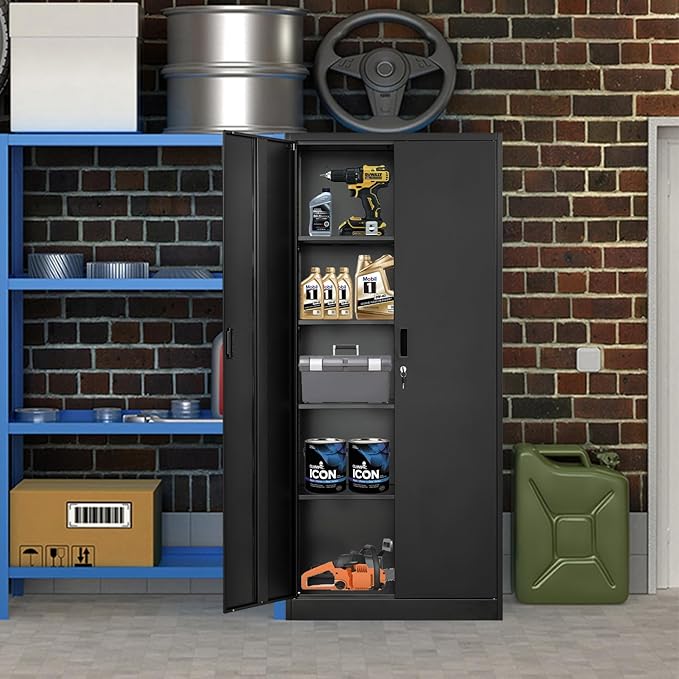 Metal Storage Cabinet, 72 Inch Tall Metal Storage Cabinet with Doors and Shelves, Pantry Cabinets for Kitchen Storage, Garage Cabinet for Living, Dining Room, Assemble Required.