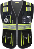 PACIFIC 10 Pockets Class 1 Safety Vest for Men, 3M High Visibility Reflective Strips, Meets ANSI/ISEA Standard, Black, X-Large