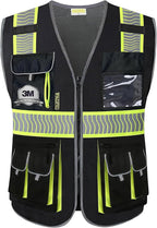 PACIFIC 10 Pockets Class 1 Safety Vest for Men, 3M High Visibility Reflective Strips, Meets ANSI/ISEA Standard, Black, X-Large