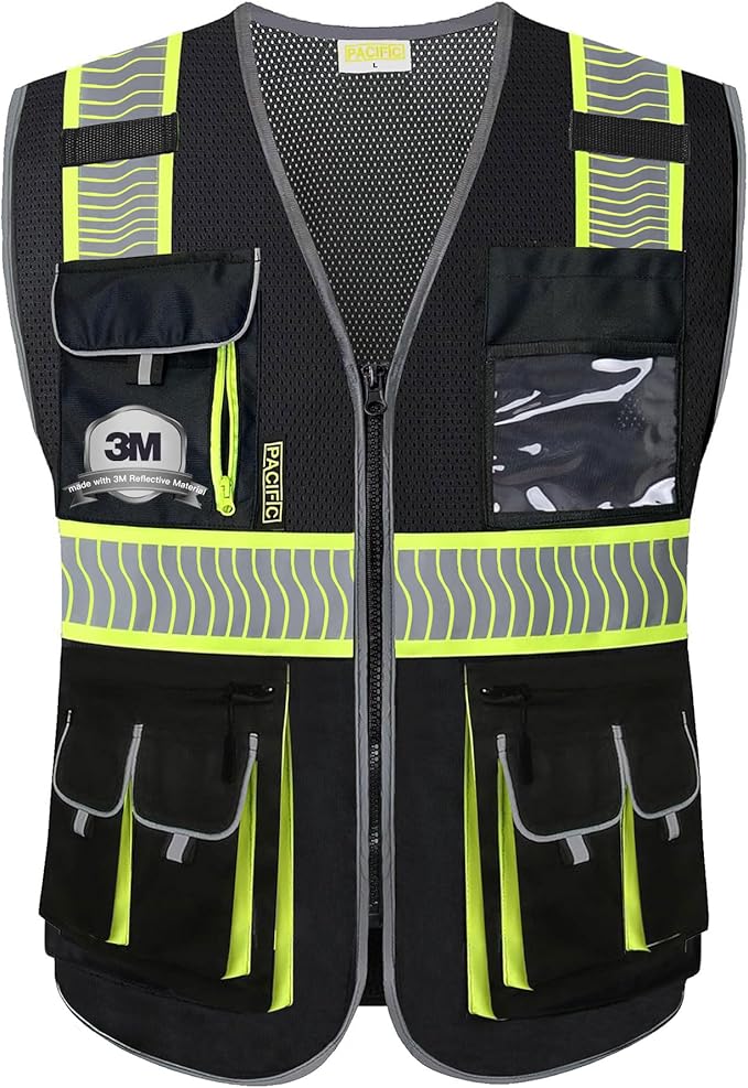 PACIFIC 10 Pockets Class 1 Safety Vest for Men, 3M High Visibility Reflective Strips, Meets ANSI/ISEA Standard, Black, Large