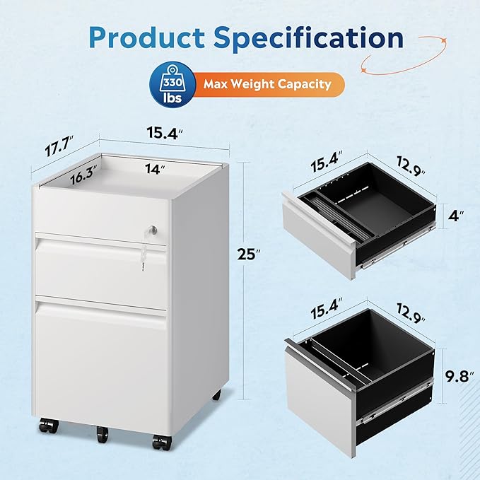 DEVAISE 2 Drawer File Cabinet, Metal Locking File Cabinet Under Desk, Rolling Filing Cabinet for Home Office Organizer Letters/Legal/A4, Easy Assembly, White