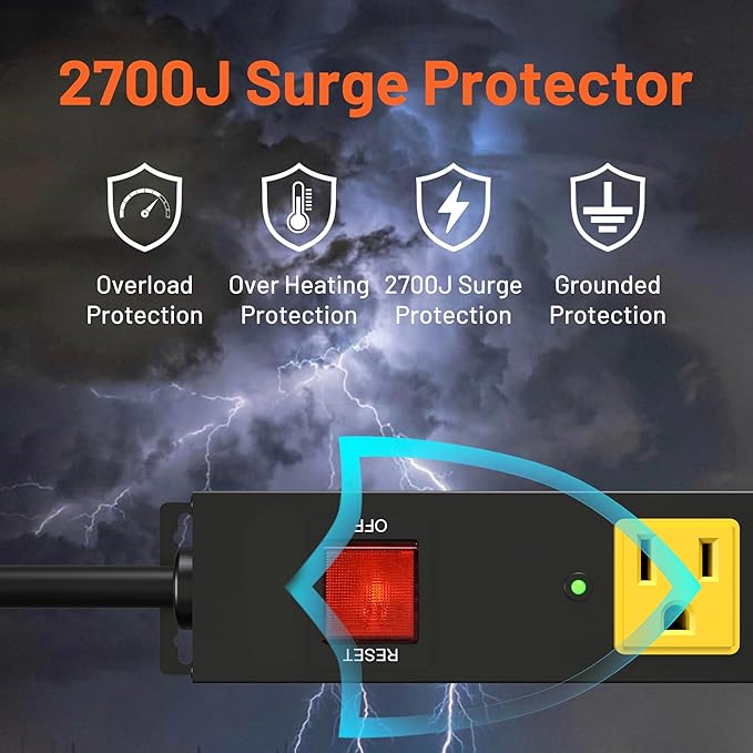 Heavy Duty 6 Outlet Metal Long Power Strip, 2700J Surge Protector with 15A Circuit Breaker, 6FT Extension Cord, Wall Mount for Garage, Workshop & Industrial Use, Wide Spaced (6ft)