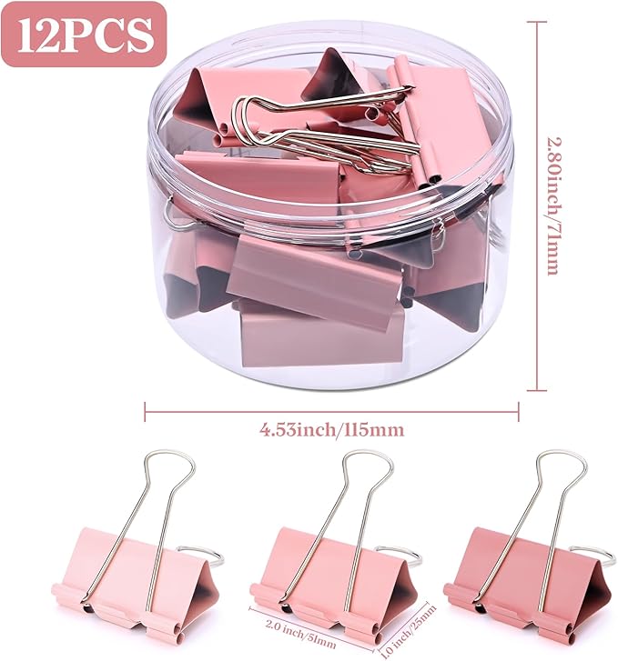 Temiary Aesthetic Binder Clips, 12 Pcs 2 Inches Small Metal Binder Clip with Clear Storage Container, Binding Paperwork Clamps for School Teachers Office Supplies (Pink)