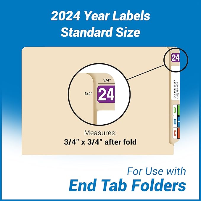 2024 Year Stickers, Doctor Stuff 2024 Chart Stickers, Purple Color Coded, Ames/TAB Style, USA Made Year Labels for End Tab File Folders, 500/Roll, 1 Roll, 3/4" x 1-1/2"