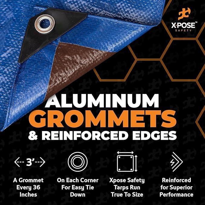 Heavy Blue & Brown Tarp 30' x 50'- Bulk Half Pallet (16 Pack) Weatherproof, Camping, Rain, Wind & Sun - 7 Mil Plastic Tarp Outdoor Cover for Roof, Trailer, RV, Car, Boat - by Xpose Safety